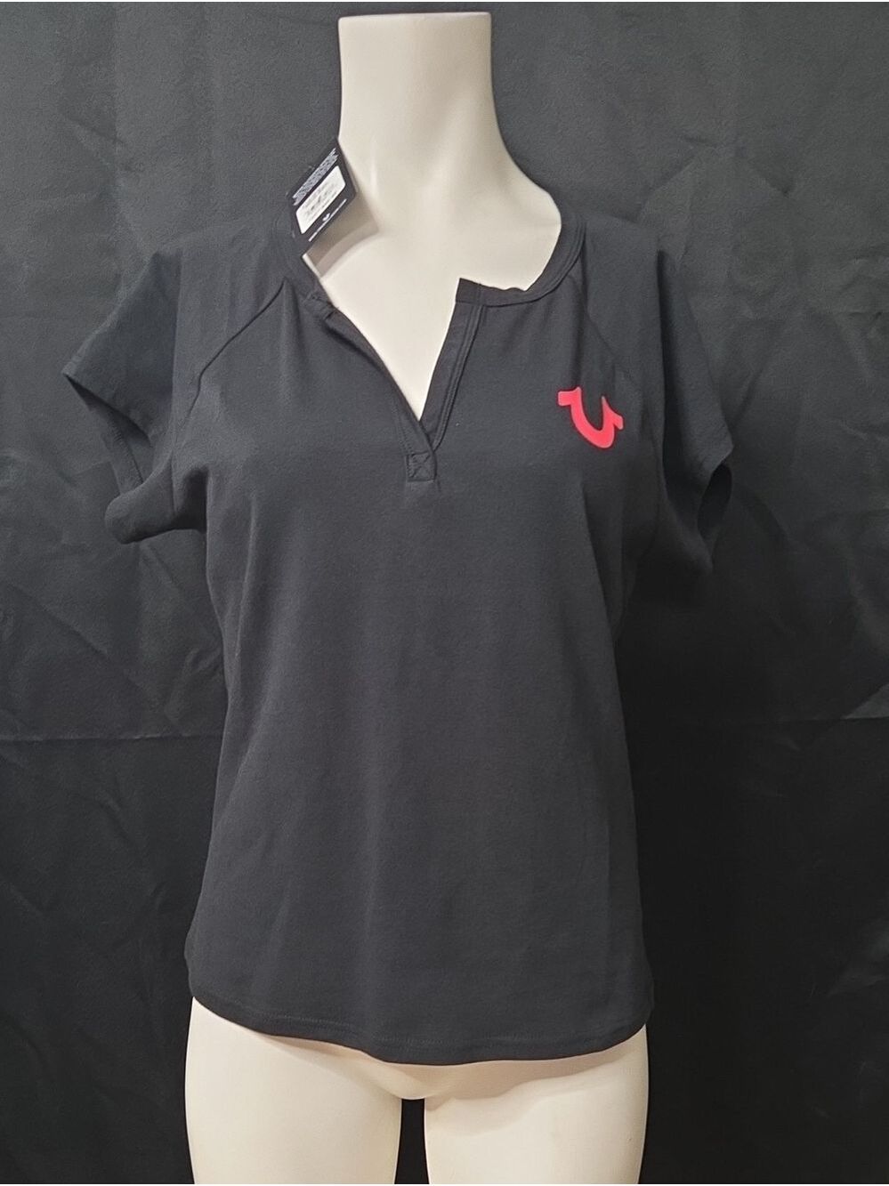 True Religion Black Short Sleeve Women's Split-Neck Tee with Red Logo Size Mediu